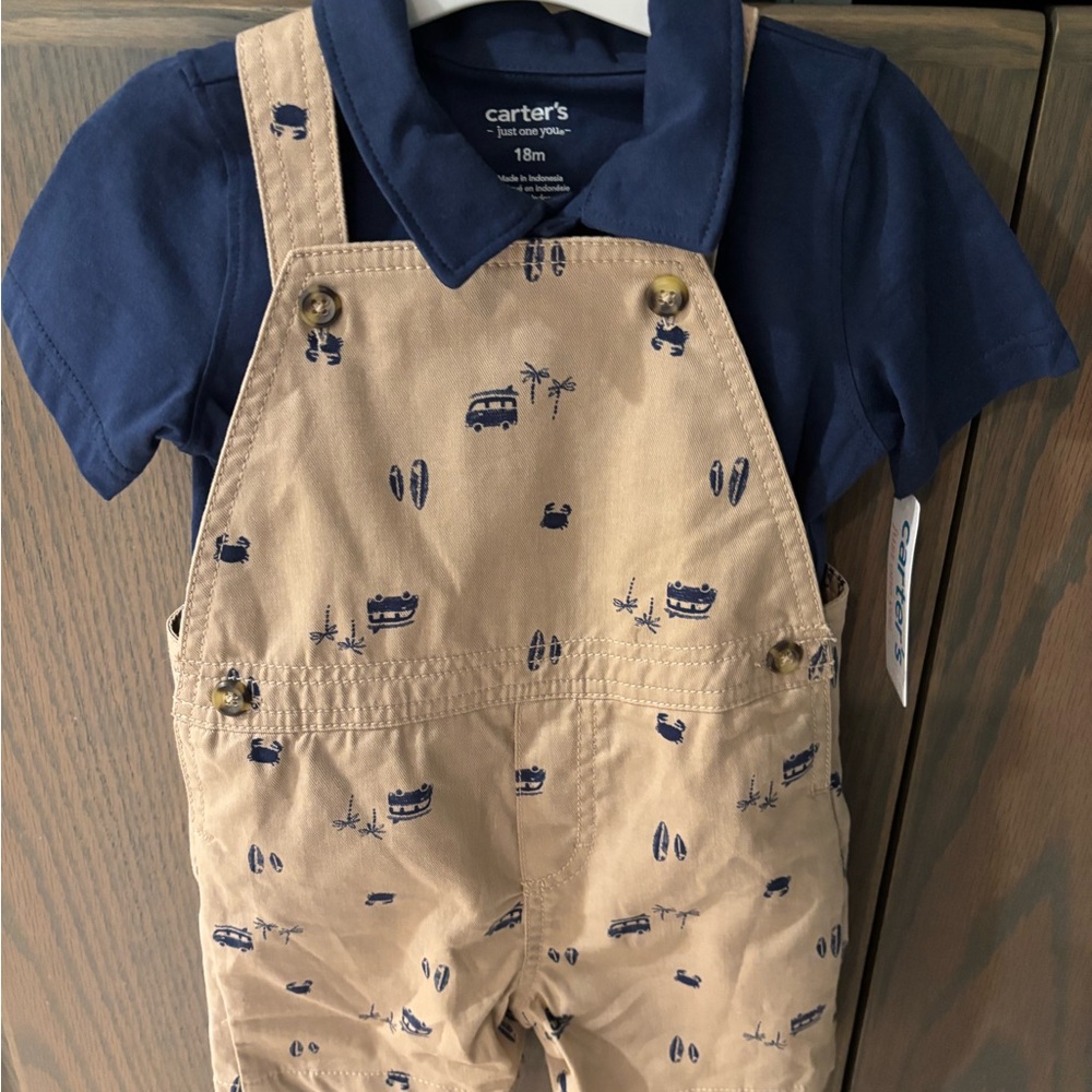 Carter's Tan Overalls with Navy Shirt